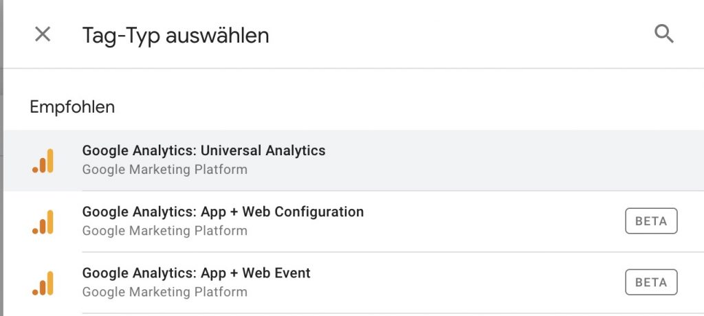 Google Tag Manager Menü "Tag-Typ auswählen"