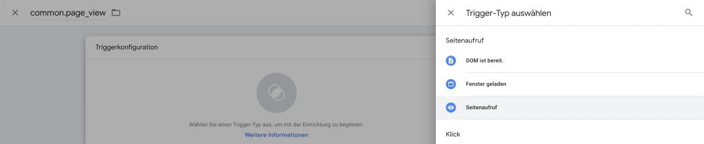 Google Tag Manager Menü "Trigger-Typ auswählen"