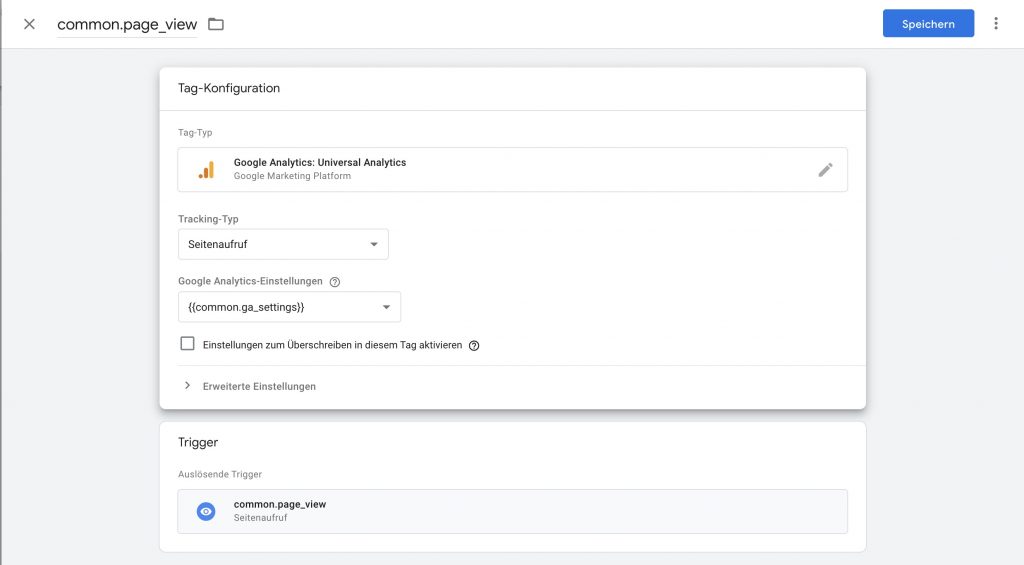 Google Tag Manager Menü "Tag konfigurieren"