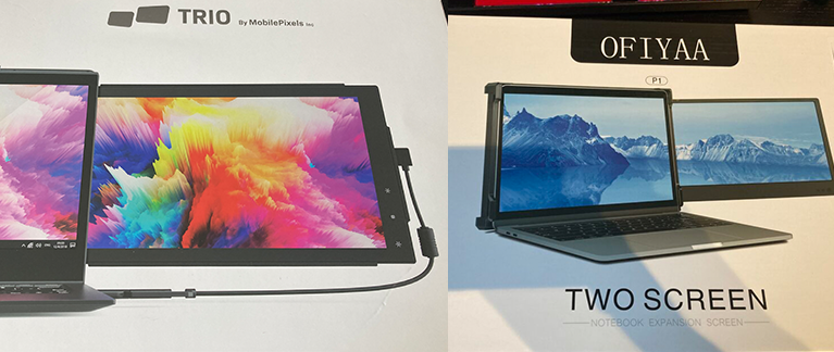 Foto von zwei Bildschirm-Verpackungen. Links Mobile Pixels TRIO Monitor. Rechts OFIYAA P1.